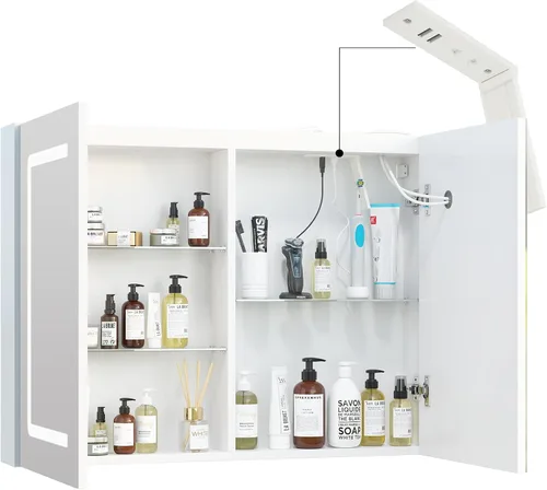 Miniatura 9 de Espejo de botiquín iluminado para baño, botiquín LED con desempañador, montado en la pared, espejo de baño LED con almacenamiento, 20 x 28 pulgadas