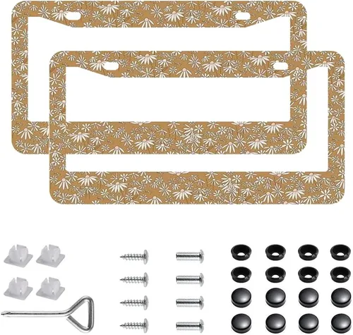 Miniatura 20 de Paquete de 2 marcos para placa de automóvil de acero inoxidable con tornillos, tapas y destornilladores, para mujeres y niñas, diseño de flores de 7