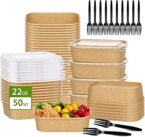 Miniatura 13 de Paquete de 50 cuencos desechables de papel kraft de 19 onzas con tapas y tenedores, recipientes desechables para preparación de comidas, cuencos
