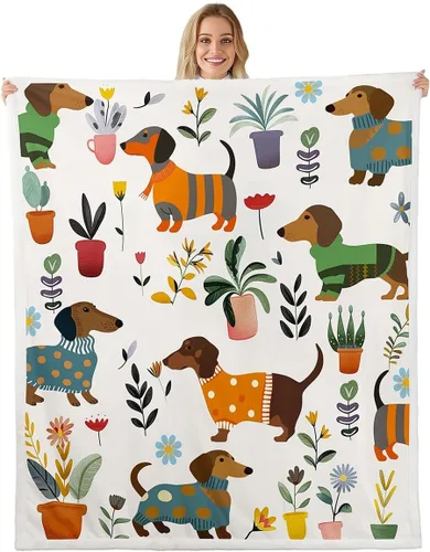 Manta de perro salchicha de dibujos animados, bonita manta de felpa para decoración de sala de estar, flores de jardín en acuarela, sofá, cama,