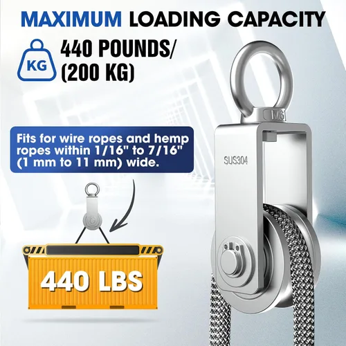 Miniatura 3 de Bloque de polea giratoria tipo U, poleas de acero inoxidable 304 para elevación de cable de cuerda de alambre, parte de equipo de gimnasio DIY