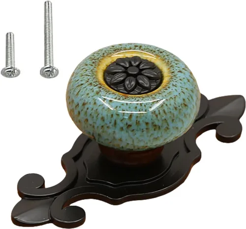 Miniatura 12 de HUAMULAN Paquete de 10 pomos de cerámica retro vintage para aparador, cocina, pétalos, tiradores de armario, cajón, base negra, placa trasera