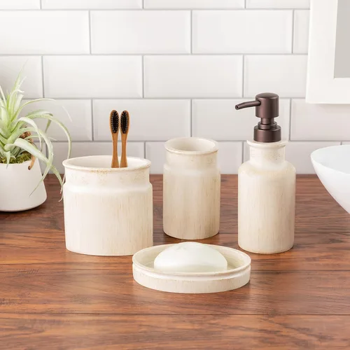 Miniatura 2 de Creative Scents Juego de accesorios de baño rústico de lujo completo - Set de 4 piezas de dispensador de jabón beige para baño incluye: dispensador
