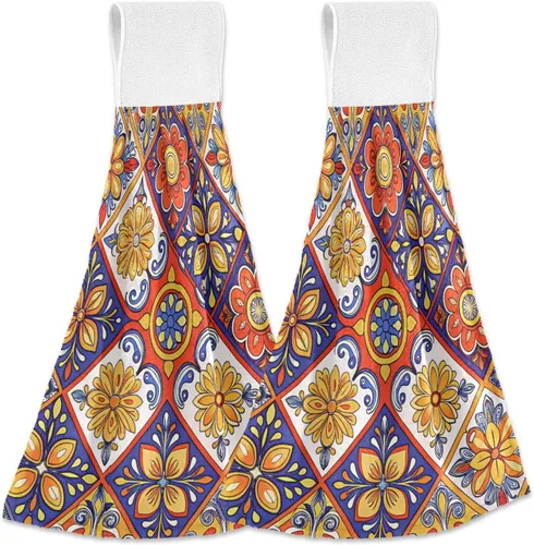 Miniatura 10 de 2 toallas de mano colgantes suaves y absorbentes con patrón de talavera mexicana para cocina y baño