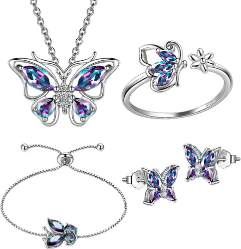 925 Sterling Silver Birthstone Butterfly Jewelry Women Crystal Animal Cute Butterflies Birthday NecklaceEarringRingBracelet Sets Birth Stone