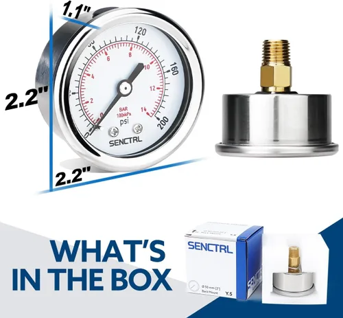 Miniatura 6 de SENCTRL Medidor de presión de 200 psi, tamaño de dial de 2 pulgadas, montaje trasero 1/4 NPT, impermeable, caja de acero inoxidable, para filtro