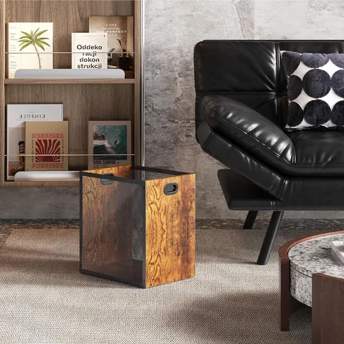 Miniatura 5 de Huxitocan - Cubo de basura retro para oficina, combinación de hierro y madera para dormitorio, cesta de basura rectangular con asa, diseño