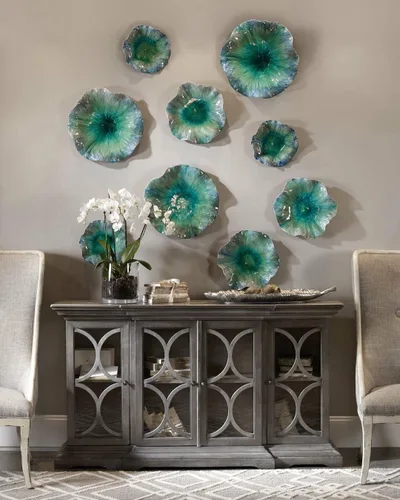 Miniatura 5 de MY SWANKY HOME Juego de arte de pared con almohadilla de lirio aguamarina turquesa 3 Escultura de flores azul colgante