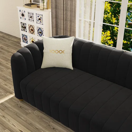 Miniatura 7 de Sofá de terciopelo negro de 83 pulgadas, sofá moderno de mediados de siglo para 3 personas Chesterfield copetudo de terciopelo con 2 almohadas