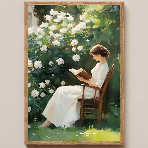 Póster vintage de mujer en lienzo de lectura para mujer, retrato de mujer, arte de pared victoriano, pintura de dama antigua, póster de jardín de