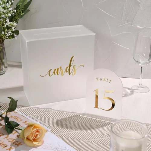 Miniatura 5 de UNIQOOO Números de mesa de arco esmerilado para boda 1-15 con soportes, lámina de oro impresa en acrílico de 5x7, signos de exhibición y soportes