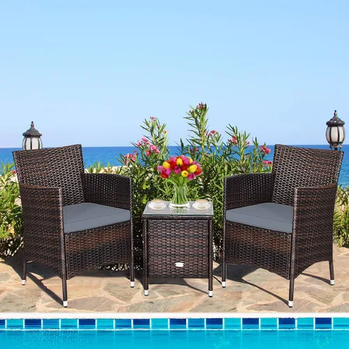 Miniatura 2 de RELAX4LIFE Juego de 3 muebles de patio con cojines extraíbles, juego de conversación de ratán al aire libre con mesa de centro cuadrada, juego de 3