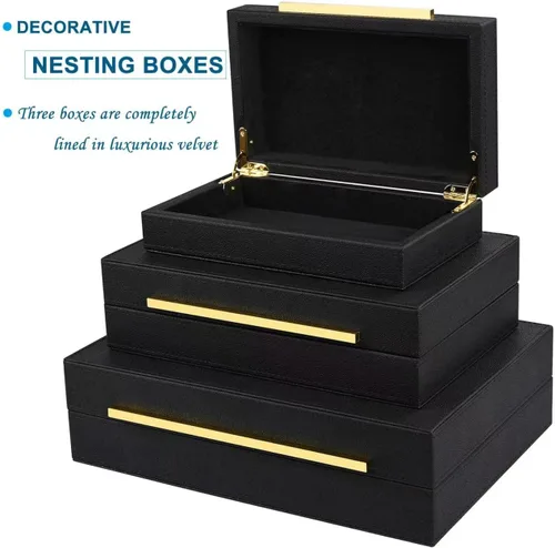 Miniatura 4 de Caja Negra Shagreen de Cuero Sintético, Juego de 3 Piezas Cajas Decorativas de Almacenamiento, Cajas Decorativas Modernas Apilables con Tapas