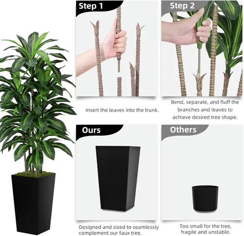 Miniatura 5 de Árbol artificial de Dracaena de 5 pies, árbol falso con maceta alta negra, planta falsa de yuca sintética en maceta, planta artificial para el Negro
