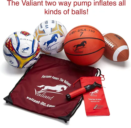 Miniatura 5 de Valiant Inflador de bola deportiva con 5 agujas y bolsa, bomba de aire portátil de doble acción con pasadores para inflar pelota de fútbol, fútbol