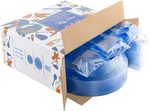 Miniatura 5 de WDF 25 platos azules para invitados con cubiertos desechables y vasos azules, vajilla de plástico transparente neón incluye 25 platos de cena