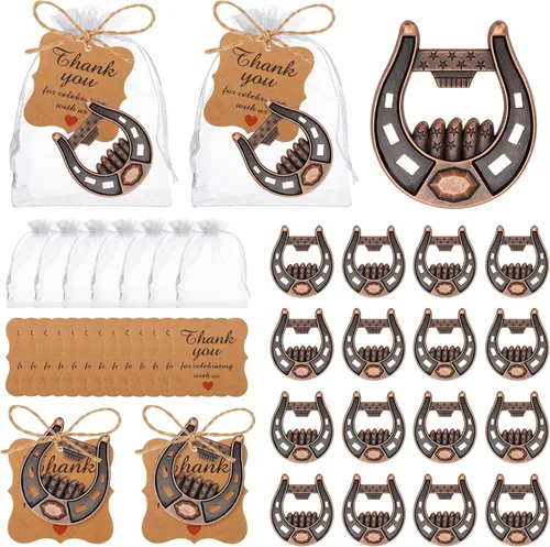 50 piezas de abrebotellas de herradura para baby shower, regalos para bebé invitado con bolsas y etiquetas de organza (bronce antiguo)