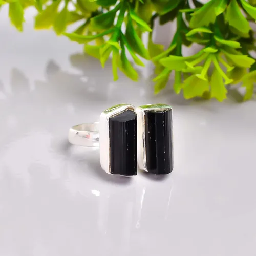 Miniatura 3 de RSR3088 - Anillo de plata de ley 925 con piedra de turmalina negra cruda