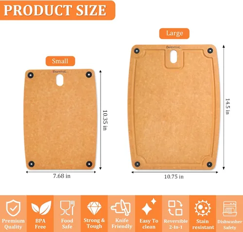 Miniatura 2 de Juego de 2 tablas de cortar para cocina, aptas para lavavajillas, ecológicas, tabla de cortar reversible con asas y ranuras para jugos, tabla