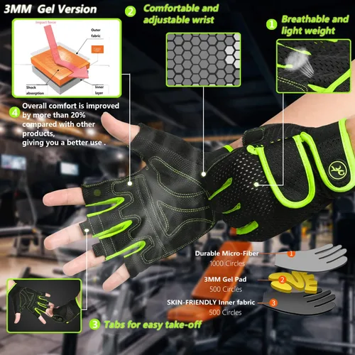 Miniatura 2 de Guantes de entrenamiento MOREOK con acolchado para levantamiento de pesas para hombres/mujeres, [Gel de 3MM] guantes sin dedos de agarre para Verde