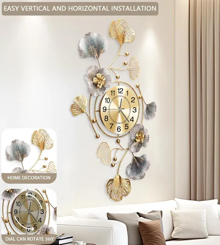 Miniatura 4 de Relojes para sala de estar, reloj de pared grande, reloj de pared silencioso 3D, diseño retro de hoja de ginkgo de metal, para dormitorio, cocina