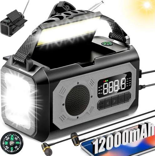 Miniatura 8 de Radio de emergencia de 44400 mWh/12000 mAh, radio solar portátil con manivela AM/FM/NOAA Radio meteorológica con 2 paneles solares, 3 métodos