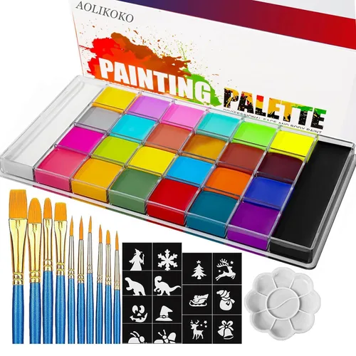 AOLIKOKO Kit de paleta de pintura facial y corporal de 26 colores, kit de maquillaje de Halloween, kit de pintura facial profesional, con 10