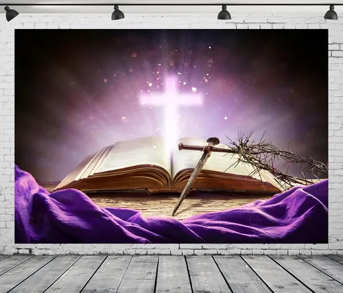 Miniatura 3 de BELECO Telón de fondo de tela de 5 x 3 pies con cruz de la Biblia sagrada, luz sagrada, crucifijo brillante, corona de espinas, creencia de Dios