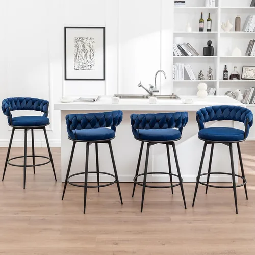 Miniatura 8 de Juego de 2 taburetes de bar giratorios modernos con respaldo tejido, taburetes de bar de terciopelo para isla de cocina, cafetería, pub, azul