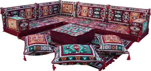 Miniatura 11 de arabicsofa Sofá de piso árabe granate en forma de L - Juego de asientos modulares de esquina para habitación de invitados