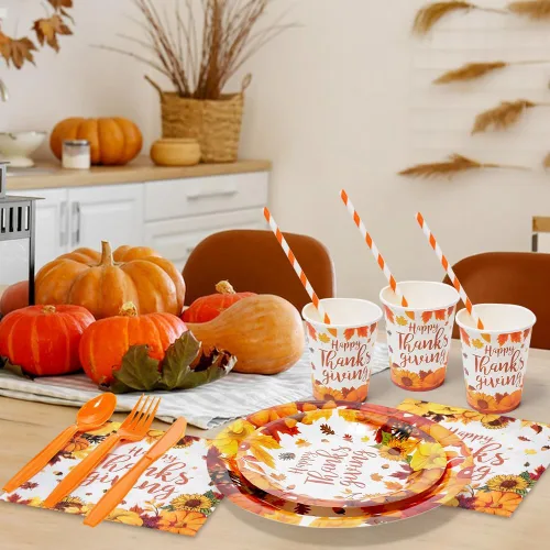 Miniatura 6 de Decoraciones de fiesta de otoño: juego de platos y servilletas de papel de Acción de Gracias para 24, sirve vajilla de Acción de Gracias