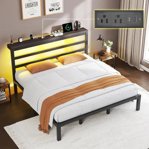Miniatura 10 de E-Motie Marco de cama tamaño doble con cabecera de almacenamiento, plataforma industrial con estación de carga y luces LED, espacio