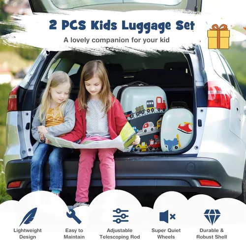 Miniatura 9 de Goplus Equipaje para niños, 2 piezas, 12 y 16 pulgadas, juego de equipaje de mano para niños con 4 ruedas giratorias, maleta ligera con ruedas