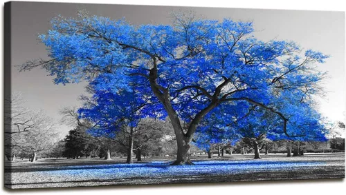 Pintura artística contemporánea de árbol azul en estilo blanco y negro, paisaje de otoño, imagen moderna giclée, estirada y enmarcada