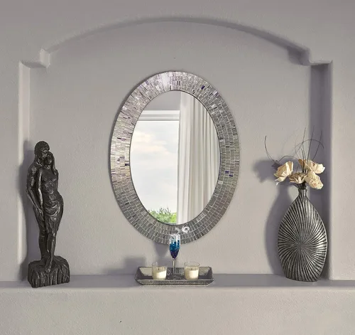 Miniatura 3 de Espejo decorativo tradicional de mosaico – 32 x 24 pulgadas de forma ovalada colgante azul espejo de pared