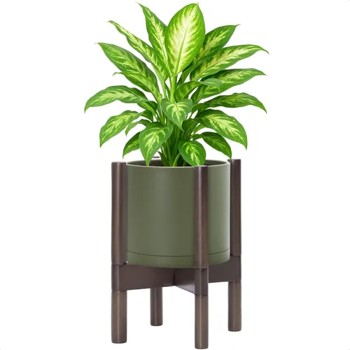 Miniatura 38 de Maceta de D'vine Dev con soporte - Maceta de flores de cilindro de plástico de 8.0 pulgadas con soporte de madera para interiores, maceta mate negra