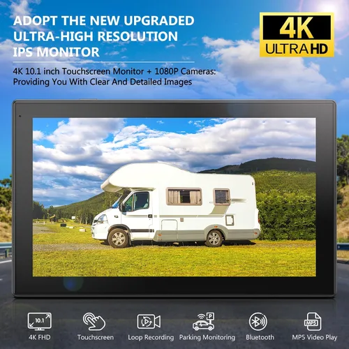 Miniatura 2 de Sistema de cámara de respaldo 4K RV de 10.1 pulgadas, monitor de pantalla táctil cuádruple dividida 4 cámaras de visión lateral trasera HD 1080P HD