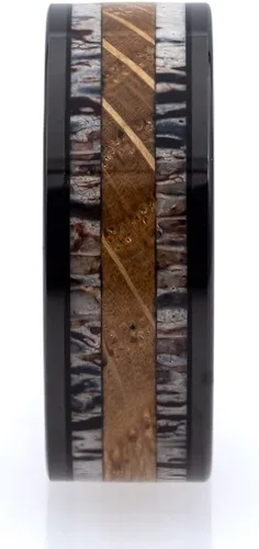 Miniatura 4 de Wapiti Incrustación de cuerno, turquesa y barril de whisky en anillo de tungsteno con caja de anillo incluida, Cuernos Madera de barril de whisky