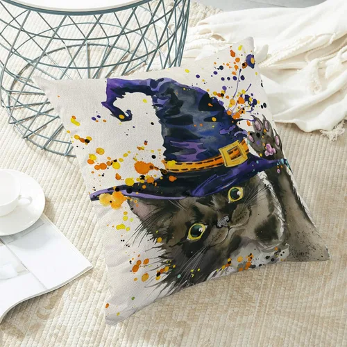 Miniatura 4 de Juego de 2 fundas de almohada de Halloween de 18 x 18 pulgadas, fundas decorativas de Halloween con sombrero de gato y bruja, fundas de almohada