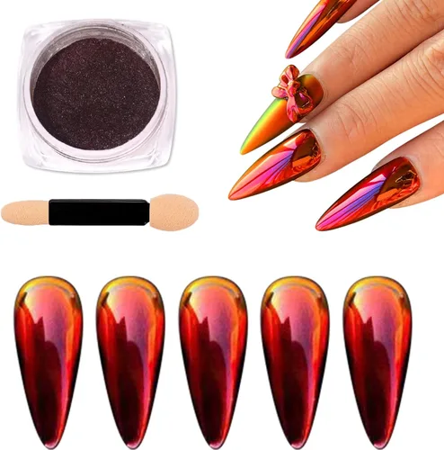 Miniatura 9 de Polvo de uñas cromado camaleón rojo y morado, efecto espejo mágico metálico, holográfico, reflectante, pigmento cromado, para uñas, diseño AB