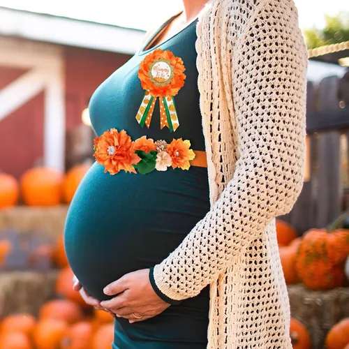 Miniatura 4 de Vansolinne Juego de fajas de maternidad de calabaza de otoño, ramillete de baby shower, banda y alfileres de calabaza, revelación de género