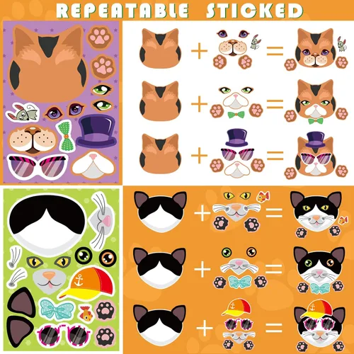 Miniatura 2 de 24 hojas de calcomanías de gatos, pegatinas para hacer caras, crea tus propias calcomanías de gatos, calcomanías de animales para niños, regalo