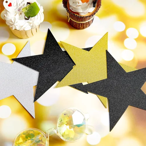 Miniatura 6 de Gejoy 80 piezas de recorte de estrellas con purpurina, decoración de estrellas doradas, estrella de papel doble impresa para noche de cine