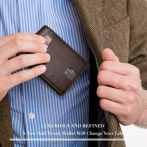 Miniatura 7 de RUNBOX - Carteras delgadas de cuero para hombres, tecnología contra interferencia de radiofrecuencia (RFID), 2 ventanas de identificación, con caja