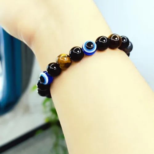 Miniatura 73 de Pulseras de triple protección con piedra de ojo de tigre de obsidiana negra con hematita para hombres y mujeres, pulsera de piedra curativa