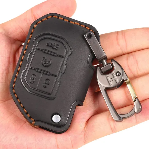 Miniatura 9 de Funda de cuero genuino para llavero de automóvil compatible con Jeep 2018-2024 Gladiator Wrangler Sahara Rubicon 4 botones, color negro