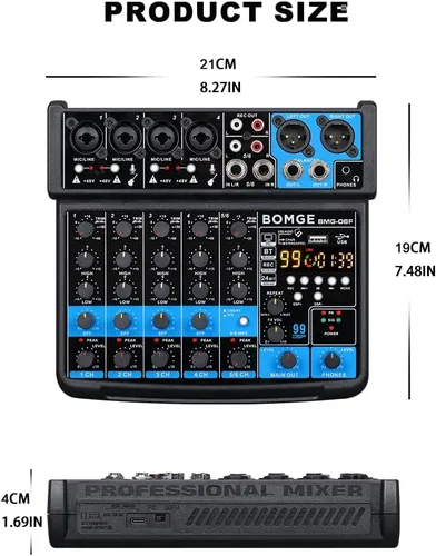 Miniatura 8 de BOMGE Consola mezcladora de sonido mini DJ Audio de 6 canales con interfaz USB, Bluetooth, grabación estéreo, alimentación fantasma de 48V, 99