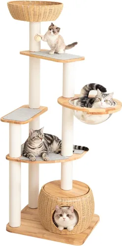 Miniatura 6 de Árbol moderno para gatos grandes, torre para gatos de 60 pulgadas de alto con poste rascador para gatos de interior, condominio para gatos de varios