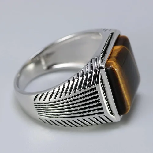 Miniatura 4 de Anillo de plata para hombre Piedra natural de ojos de tigre Anillo turco Anillo retro grabado geométrico por Fantasy World, Metal precioso, ojo