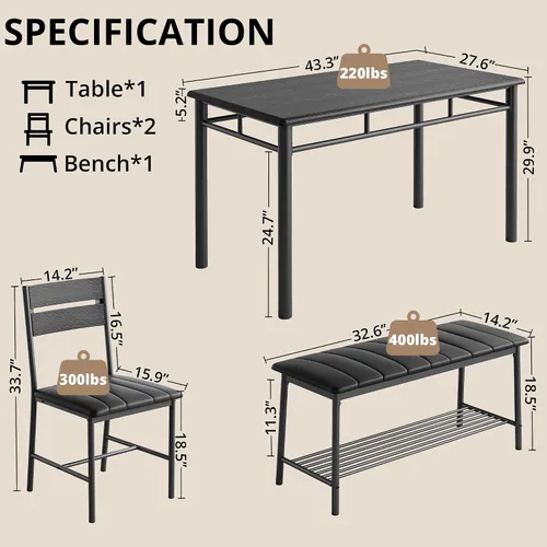 Miniatura 2 de IRONCK Juego de mesa de comedor para 4, mesa de cocina con banco tapizado y 2 sillas, juego de mesa de cocina y sillas para espacio pequeño, Negro